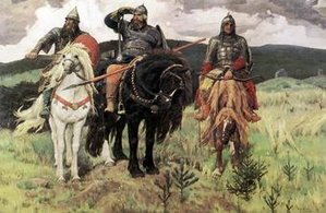 Sketch of three brothers named Czech, Lech and Rus riding horses