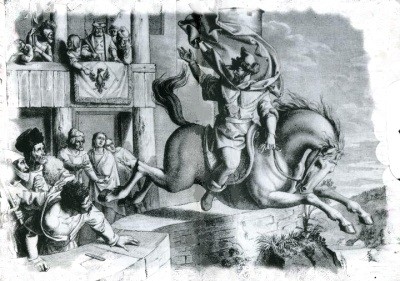 Sketch of Horymír and his horse Šemík jumping over walls